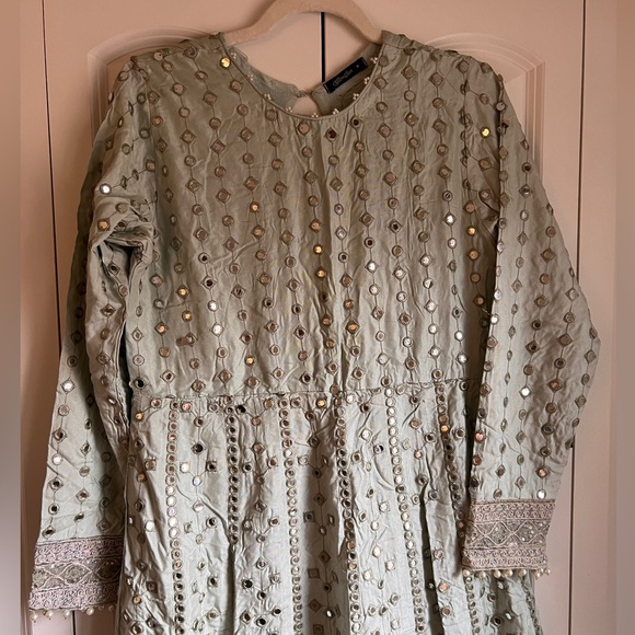 Pakistani designer Sage Green Mirror Work Anarkali with Dupatta Size M - Picture 3 of 5